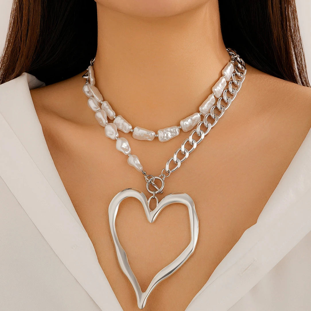Ingemark 2Pcs/Set Exaggerated Big Love Heart Pendant Choker Nekclace for Women Wed Bridal Goth Imitation Pearl Chain Y2K Jewelry