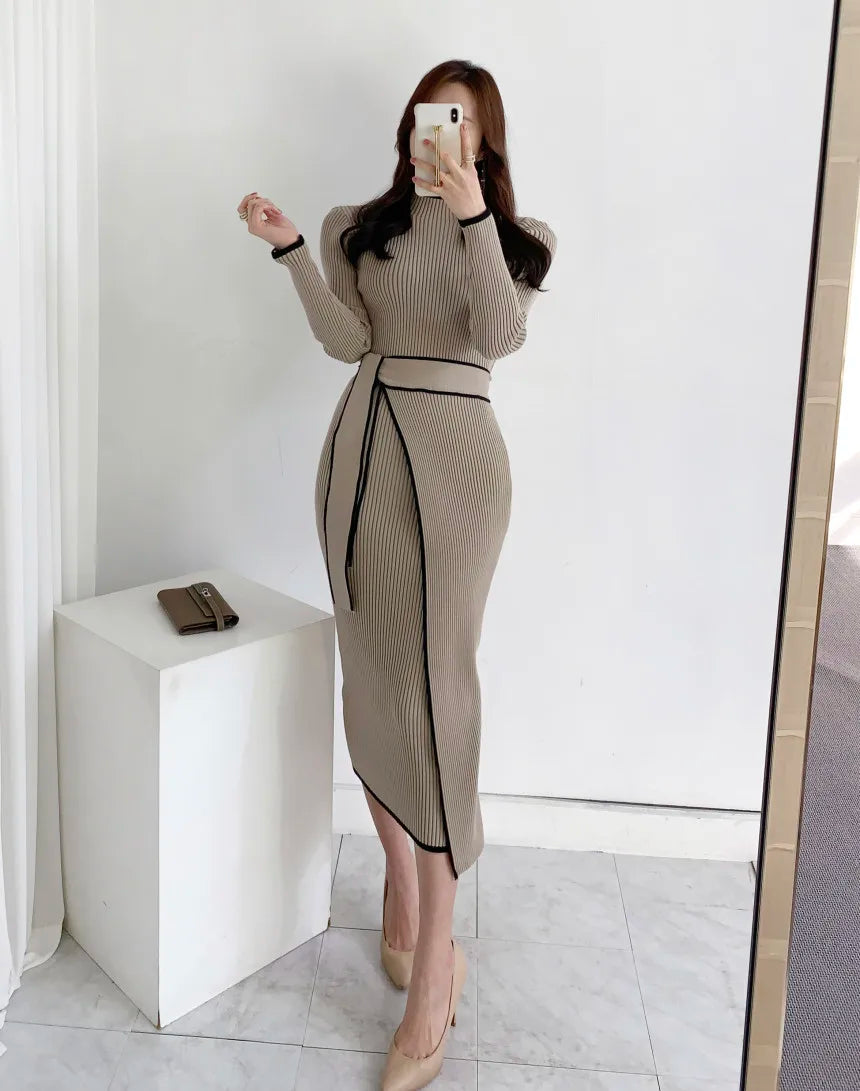 KIMLUD, Elegant Stand Collar Contrast Bandage Long Sleeve Women Knitted Dress Autumn Korean Fashion Casual Knit Bodycondresses Vestidos, KIMLUD Womens Clothes