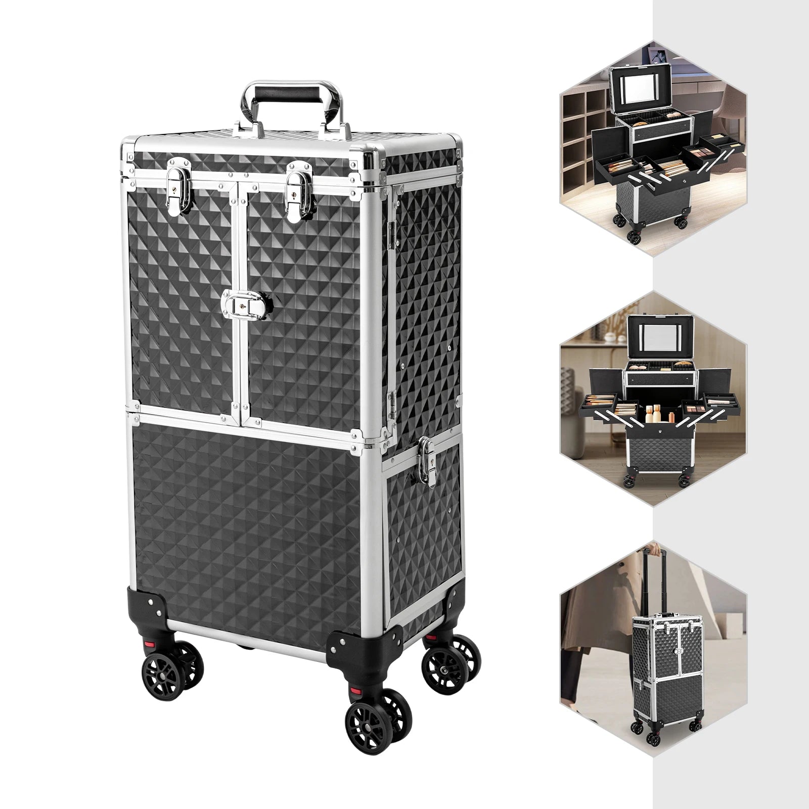 Multi-tier Rolling Makeup Case, Heavy-duty ABS and Fiberboard Construction, Ergonomic Handle, Perfect for Hairstylists