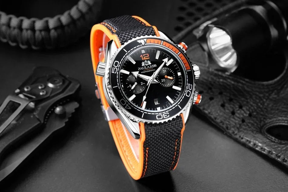 Automatic Watch for Men Mechanical Canvas Rubber Strap Orange Blue Red Multifunction Date Month Reloj Hombre Baratos