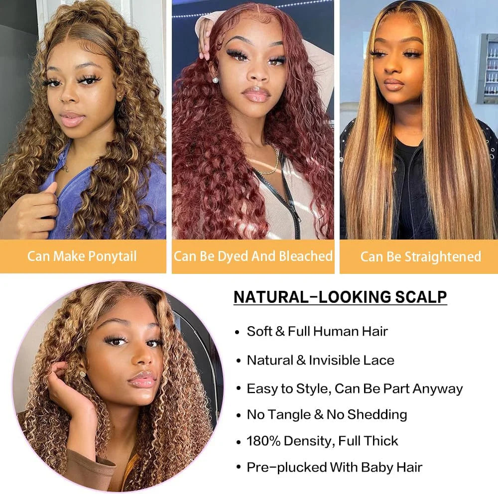 250% 4/27 Highlight 13x6 Deep Wave Lace Front Wigs Human Hair 13x4 Ombre Curly Wig Straight HD Front Wig Human Hair Pre Plucked