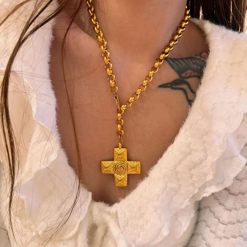 Swirling cross statement necklaces stainless steel necklaces for women vintage chunky stainless steel jewelry non tarnish - KIMLUD