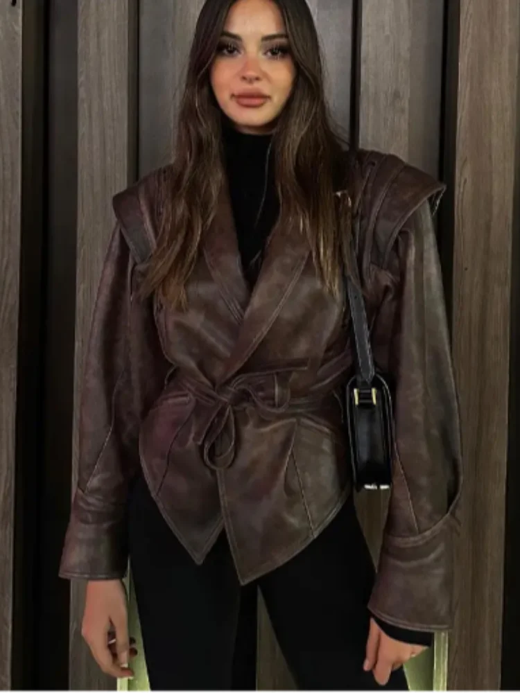 Vintage Pu Leather Lace-up Short Jacket For Women Fashion Lapel Long Sleeves Irregular Coat 2023 Ladies Office Commute Outwear - KIMLUD