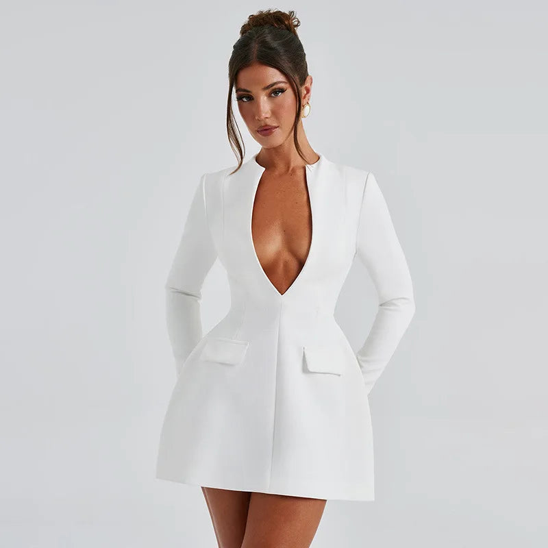 Fashion Deep V-neck Tunics Short Dress White Black Women Autumn Winter Long Sleeve High Waist Party Dresses Female Blazer Dress - KIMLUD