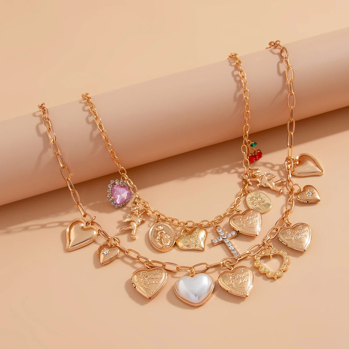Ingemark 2Pcs/Set Punk Classic Metal Chain Necklace for Women Vintage Love Heart Rhinestone Cross Pendant New Year Jewelry Gift