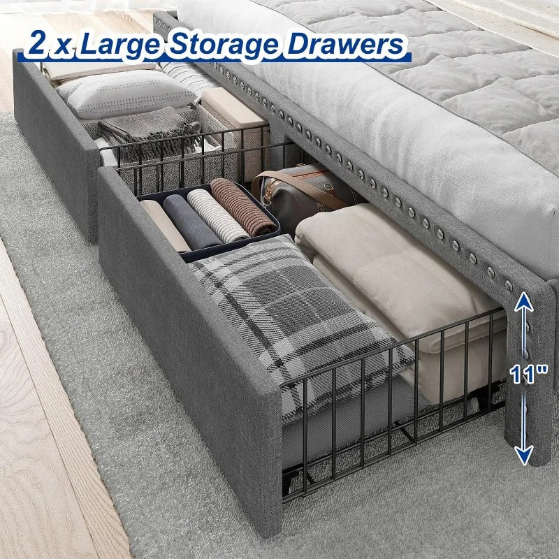 KIMLUD, King Size Bed Frame with Storage and Headboard, Upholstered King Bed Frame with Storage, Grey King Bed Frame with 2 Drawers, KIMLUD Womens Clothes