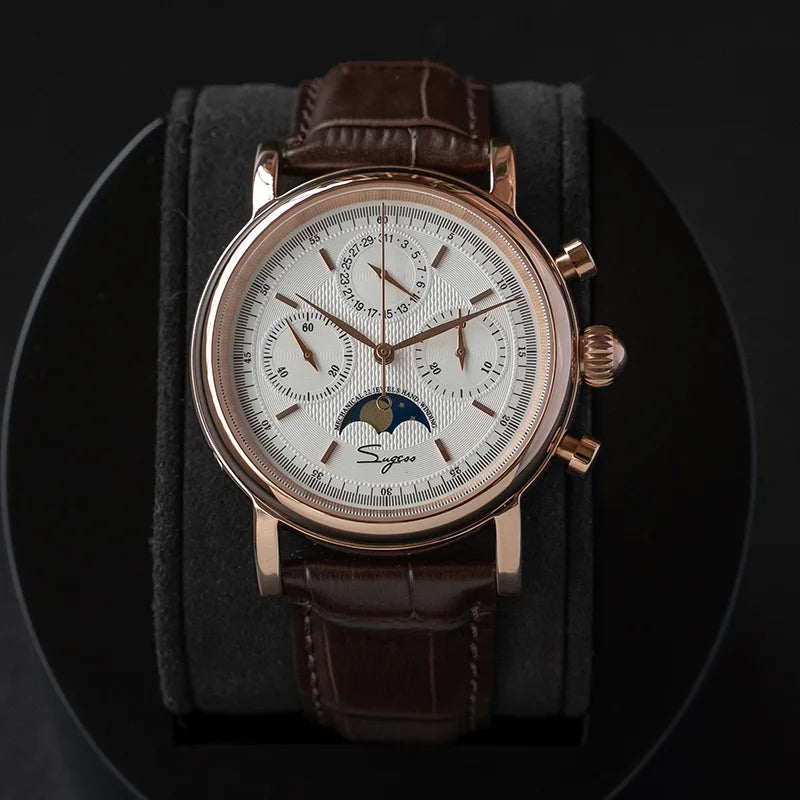 Sugess Mechanical Men Watch Original ST1908 Movement Chronograph Vintage Moonphase Genuine Leather Band Waterproof 50ATM ST19