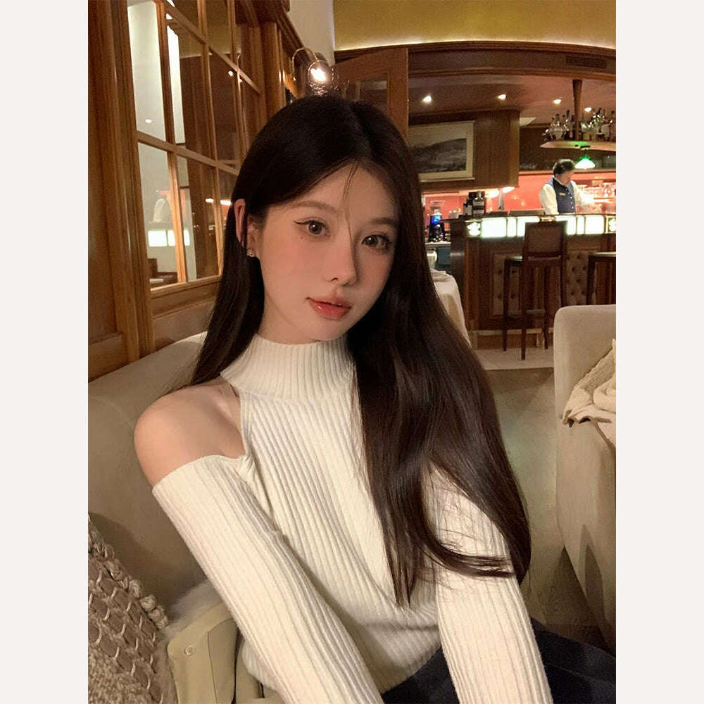 ADAgirl Black Turtleneck Rib Knit T-shirt Women Hollow Out Off Shoulder Crop Top Long Sleeved Jumpers Vintage Undershirt Clothes - KIMLUD