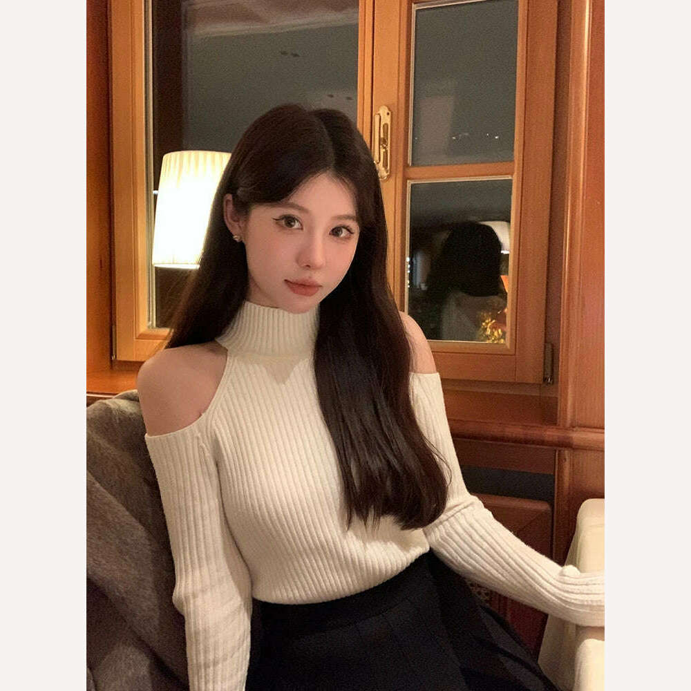 ADAgirl Black Turtleneck Rib Knit T-shirt Women Hollow Out Off Shoulder Crop Top Long Sleeved Jumpers Vintage Undershirt Clothes - KIMLUD
