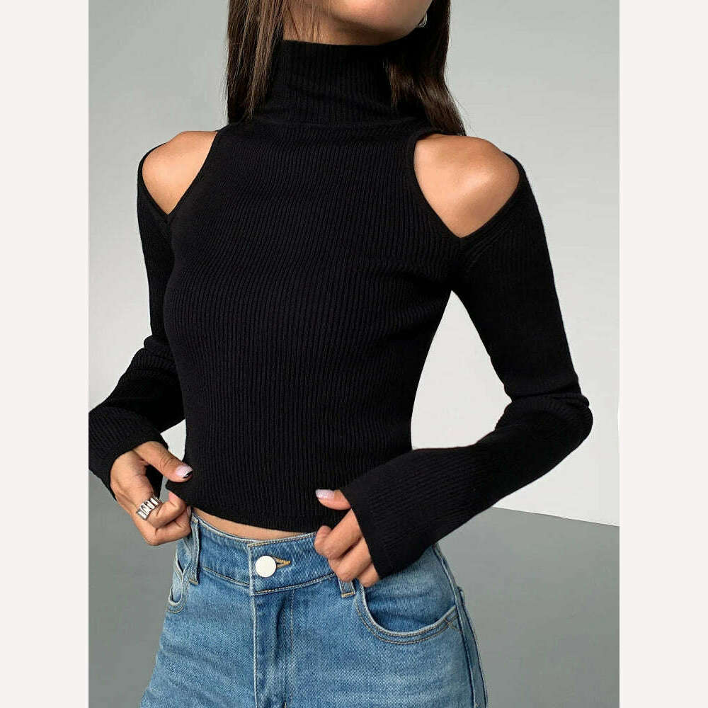 ADAgirl Black Turtleneck Rib Knit T-shirt Women Hollow Out Off Shoulder Crop Top Long Sleeved Jumpers Vintage Undershirt Clothes - KIMLUD