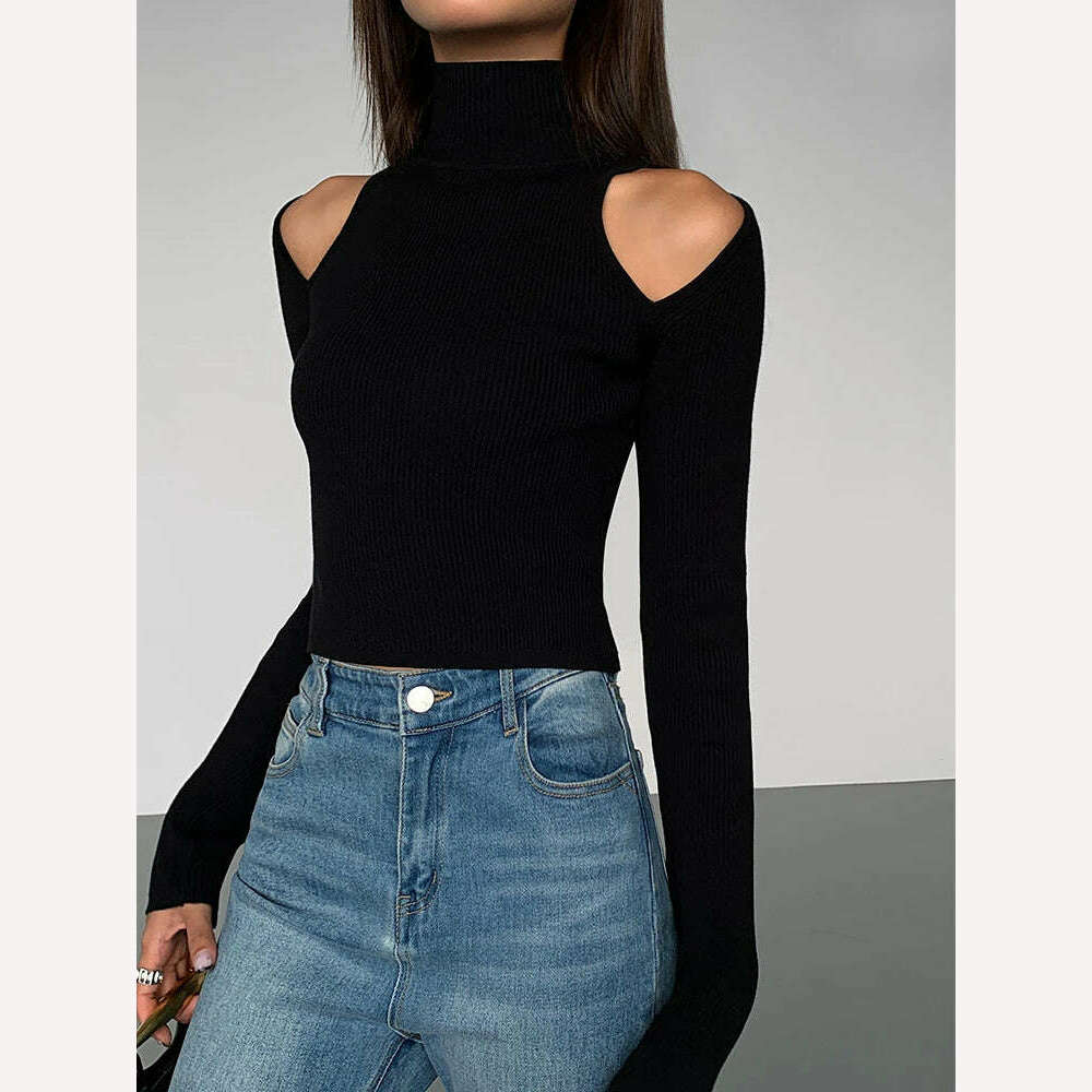 ADAgirl Black Turtleneck Rib Knit T-shirt Women Hollow Out Off Shoulder Crop Top Long Sleeved Jumpers Vintage Undershirt Clothes - KIMLUD
