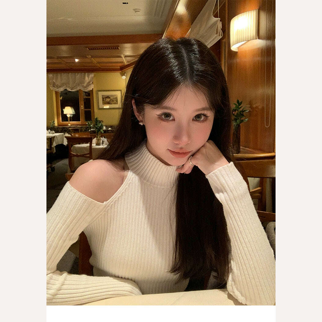 ADAgirl Black Turtleneck Rib Knit T-shirt Women Hollow Out Off Shoulder Crop Top Long Sleeved Jumpers Vintage Undershirt Clothes - KIMLUD