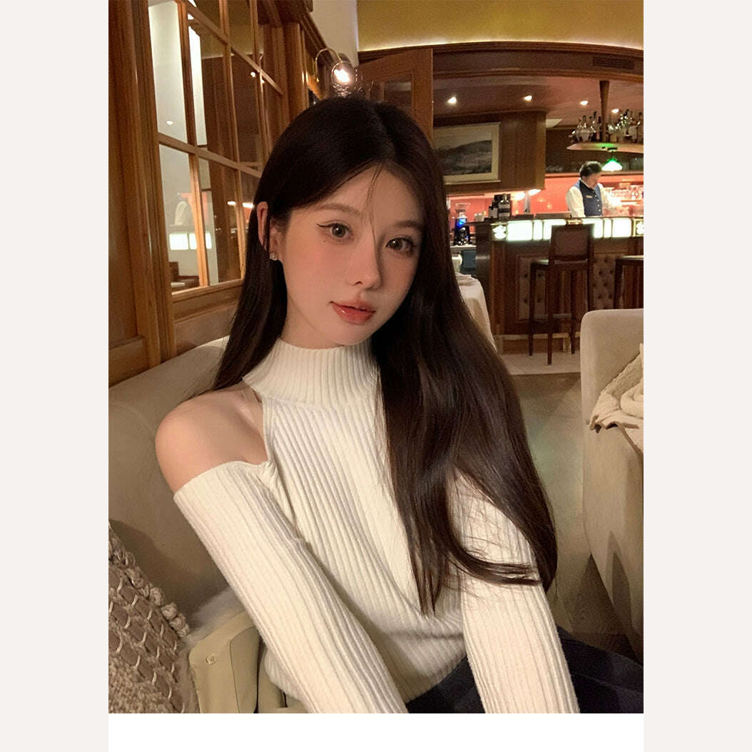 ADAgirl Black Turtleneck Rib Knit T-shirt Women Hollow Out Off Shoulder Crop Top Long Sleeved Jumpers Vintage Undershirt Clothes - KIMLUD