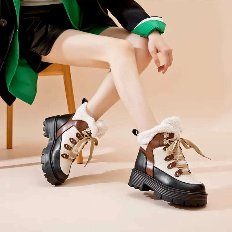 AIYUQI Women Snow Boots Genuine Leather 2023 New Platform Winter Women Ankle Boots Large Size Warm Lace-up Women Marton Booties - KIMLUD