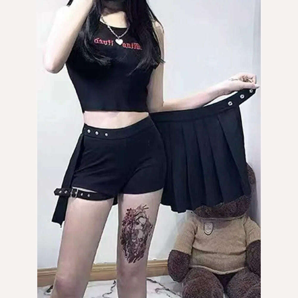 AltGoth Punk Mall Goth Shorts Skirt Women Y2k E-girl Streetwear Harajuku Leg Ring Buckle Detachable High Waist Emo Alt Clubwear - KIMLUD