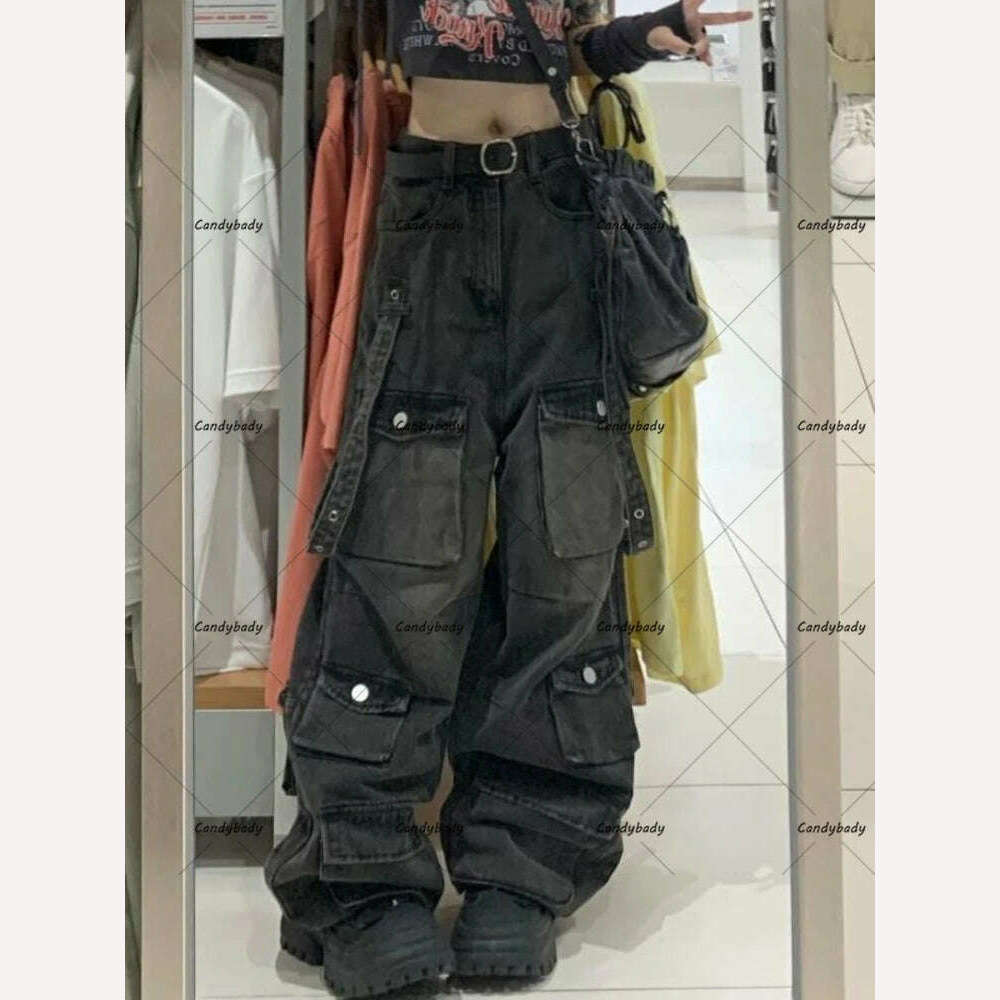 American New Plus-size Tooling Jeans Female Y2K National Tide Multi-pocket Three-dimensional Straight Loose Wide-leg Long Pants - KIMLUD
