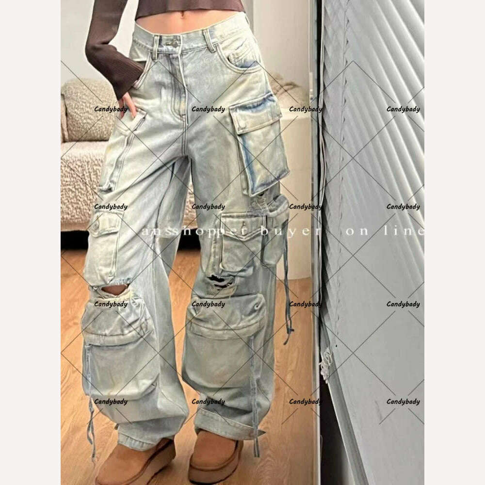 American New Plus-size Tooling Jeans Female Y2K National Tide Multi-pocket Three-dimensional Straight Loose Wide-leg Long Pants - KIMLUD