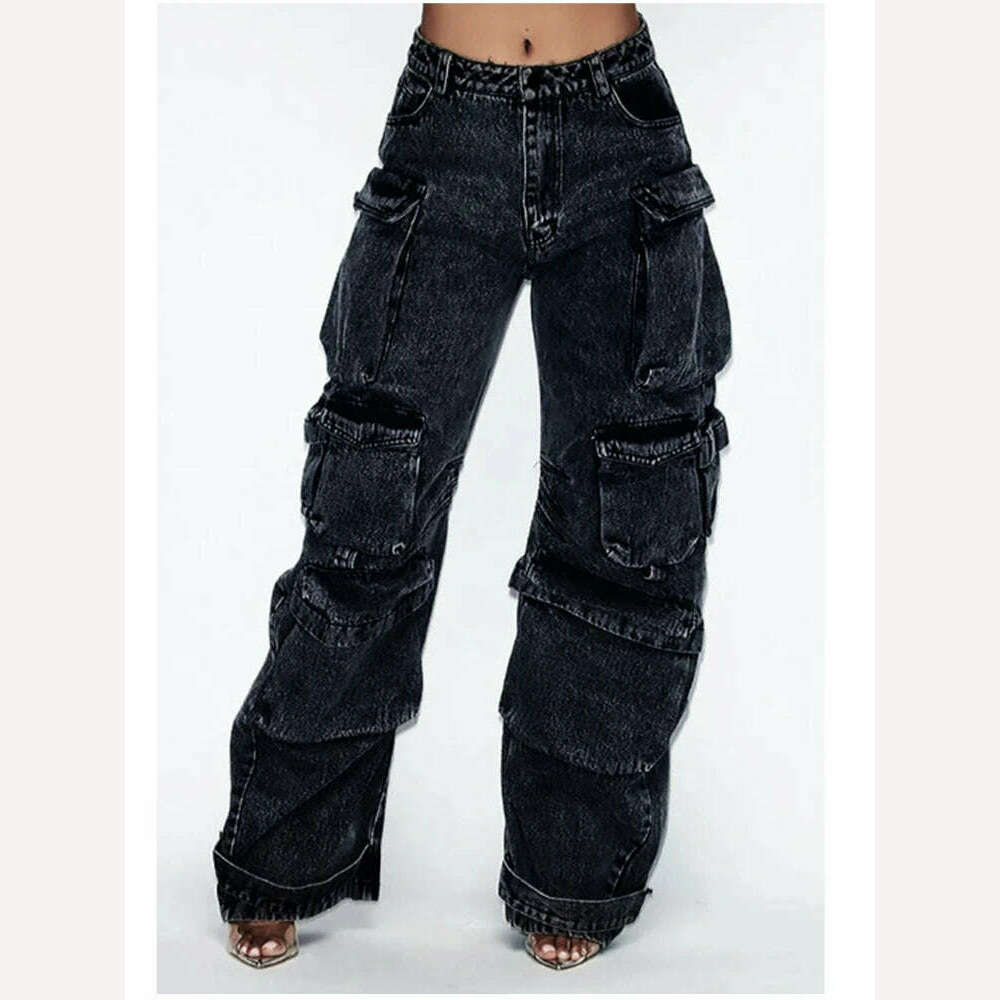 American New Plus-size Tooling Jeans Female Y2K National Tide Multi-pocket Three-dimensional Straight Loose Wide-leg Long Pants - KIMLUD