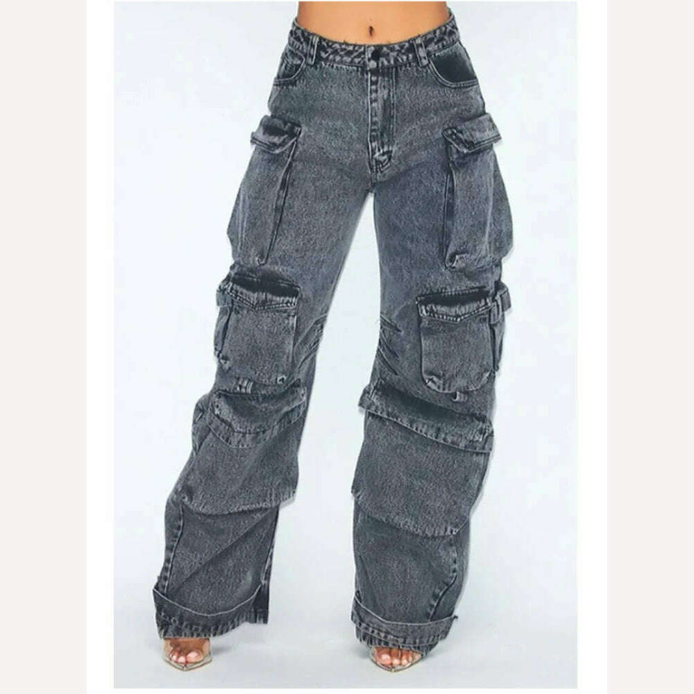 American New Plus-size Tooling Jeans Female Y2K National Tide Multi-pocket Three-dimensional Straight Loose Wide-leg Long Pants - KIMLUD