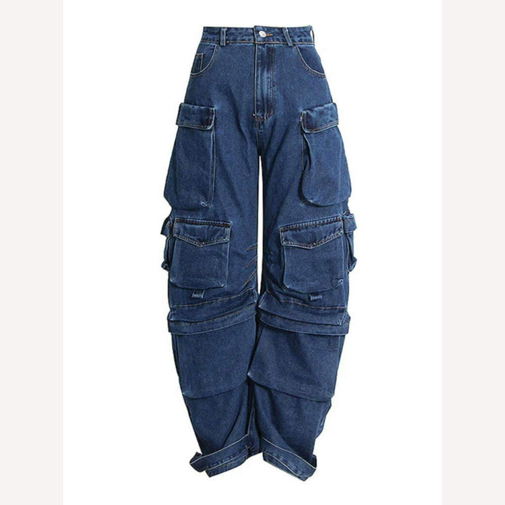 American New Plus-size Tooling Jeans Female Y2K National Tide Multi-pocket Three-dimensional Straight Loose Wide-leg Long Pants - KIMLUD