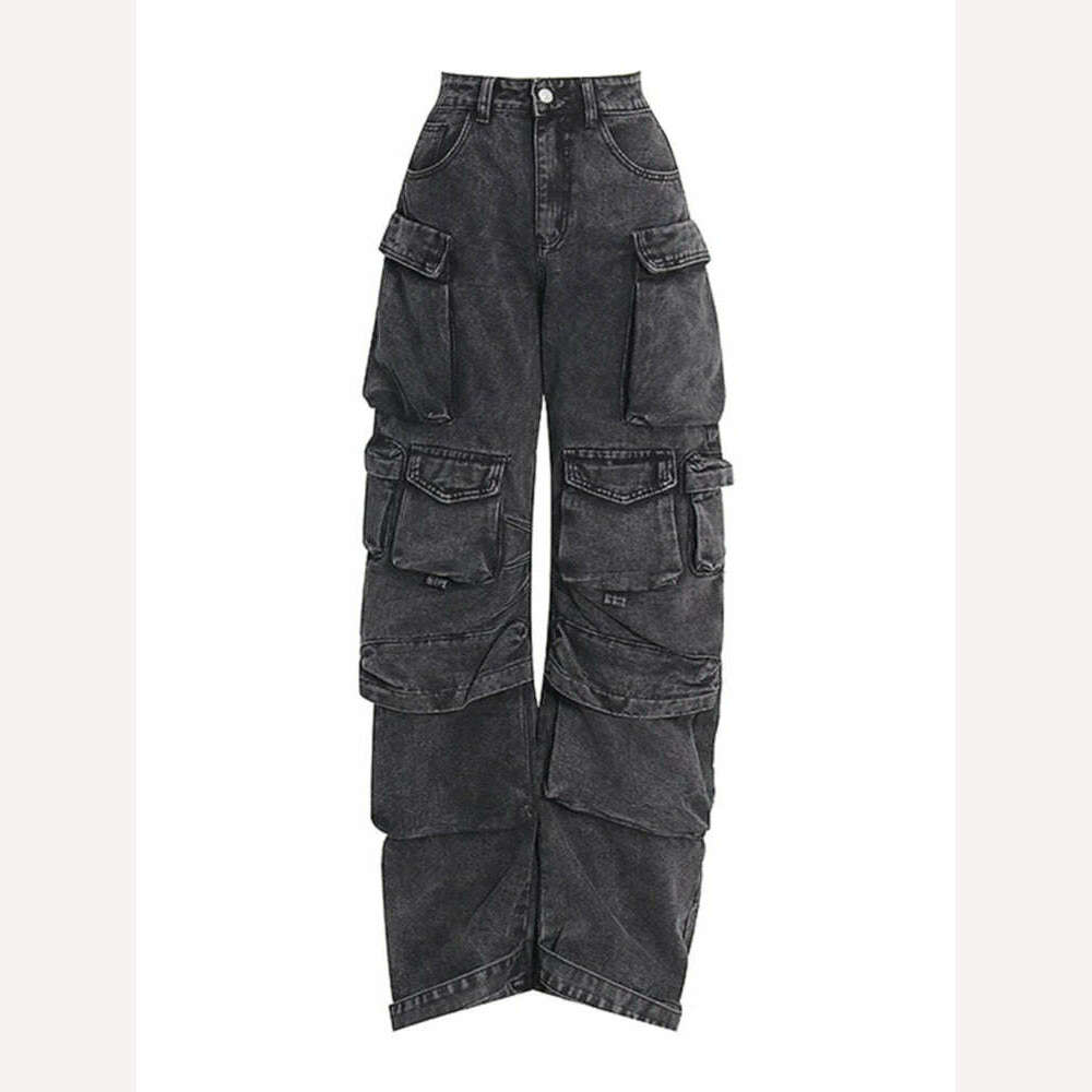 American New Plus-size Tooling Jeans Female Y2K National Tide Multi-pocket Three-dimensional Straight Loose Wide-leg Long Pants - KIMLUD