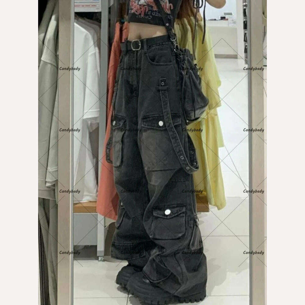 American New Plus-size Tooling Jeans Female Y2K National Tide Multi-pocket Three-dimensional Straight Loose Wide-leg Long Pants - KIMLUD