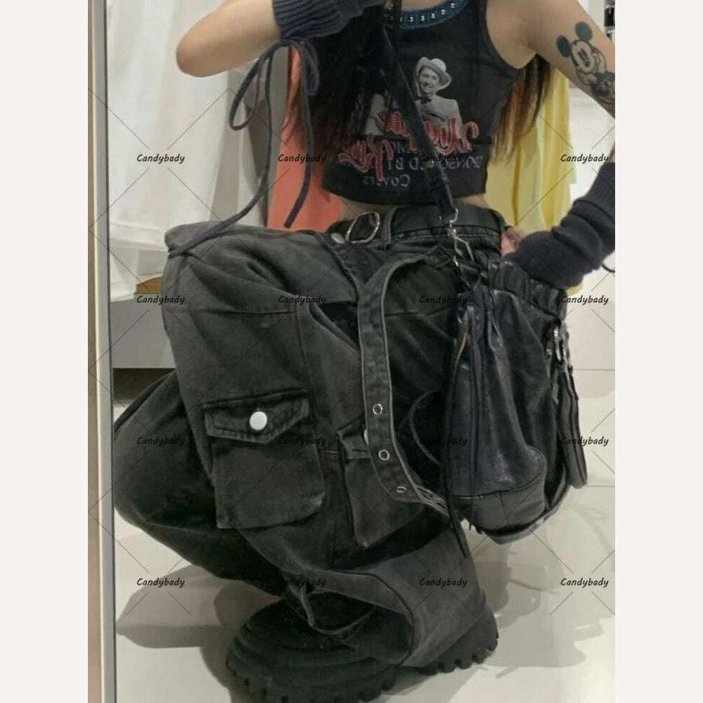 American New Plus-size Tooling Jeans Female Y2K National Tide Multi-pocket Three-dimensional Straight Loose Wide-leg Long Pants - KIMLUD