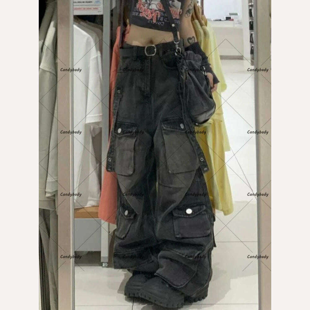 American New Plus-size Tooling Jeans Female Y2K National Tide Multi-pocket Three-dimensional Straight Loose Wide-leg Long Pants - KIMLUD