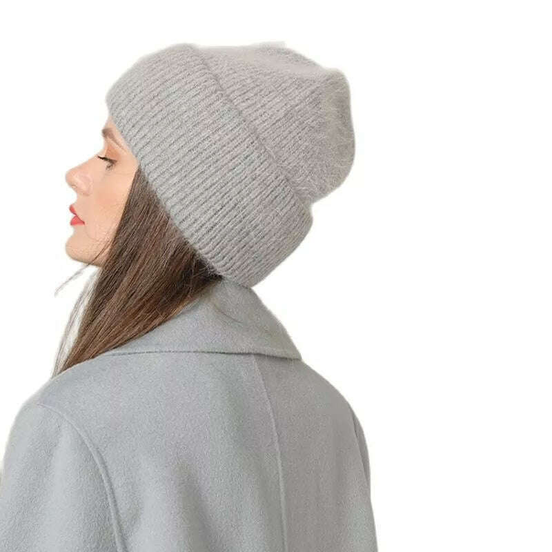 Angola Beanie Hat Winter Women's 2022 Rabbit Fur Bonnet Knitted Coarse Cap Thick Soft Ski Cap Lady Skullies Beanies Rib Hats - KIMLUD