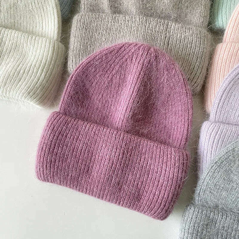 Angola Beanie Hat Winter Women's 2022 Rabbit Fur Bonnet Knitted Coarse Cap Thick Soft Ski Cap Lady Skullies Beanies Rib Hats - KIMLUD