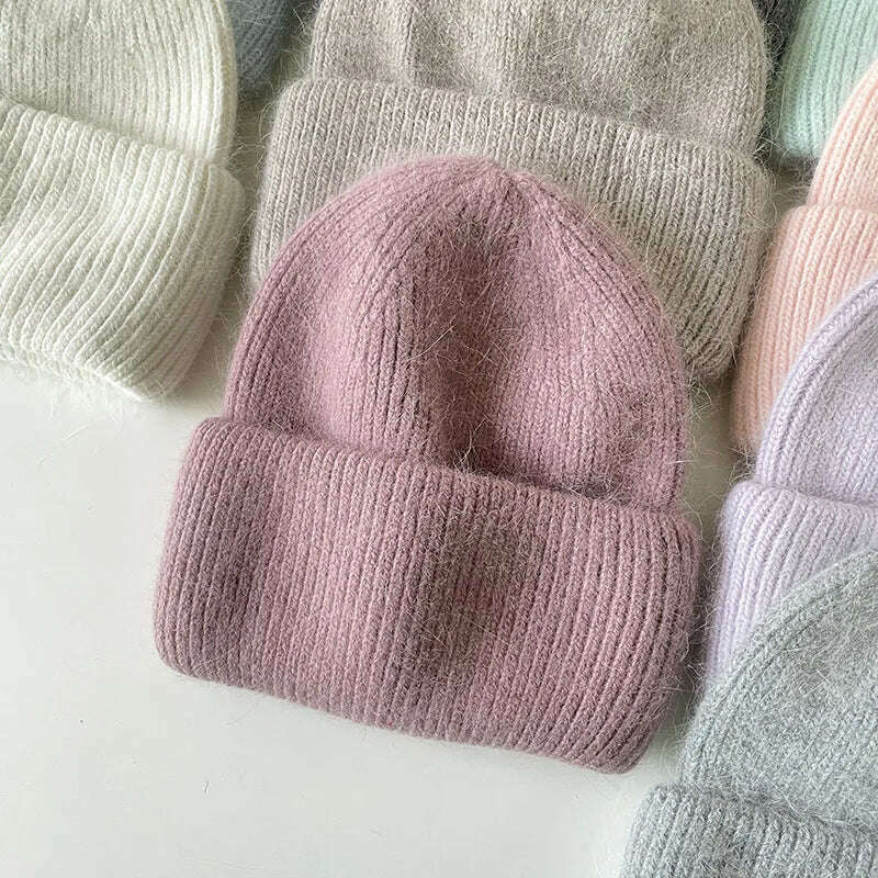 Angola Beanie Hat Winter Women's 2022 Rabbit Fur Bonnet Knitted Coarse Cap Thick Soft Ski Cap Lady Skullies Beanies Rib Hats - KIMLUD
