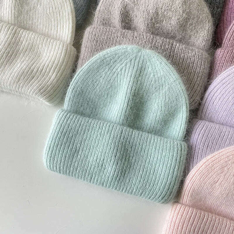 Angola Beanie Hat Winter Women's 2022 Rabbit Fur Bonnet Knitted Coarse Cap Thick Soft Ski Cap Lady Skullies Beanies Rib Hats - KIMLUD