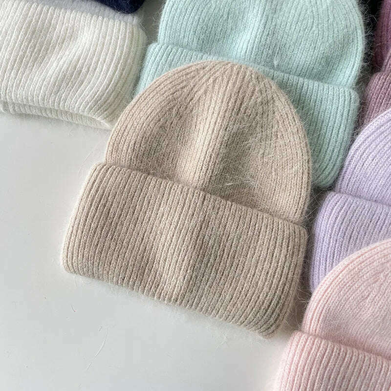 Angola Beanie Hat Winter Women's 2022 Rabbit Fur Bonnet Knitted Coarse Cap Thick Soft Ski Cap Lady Skullies Beanies Rib Hats - KIMLUD