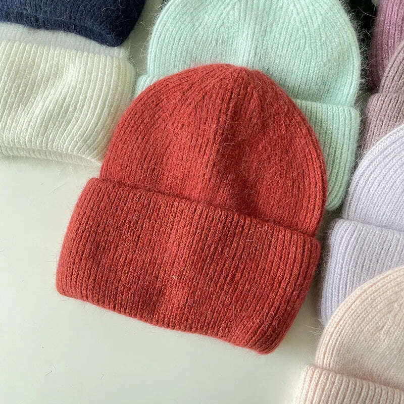 Angola Beanie Hat Winter Women's 2022 Rabbit Fur Bonnet Knitted Coarse Cap Thick Soft Ski Cap Lady Skullies Beanies Rib Hats - KIMLUD