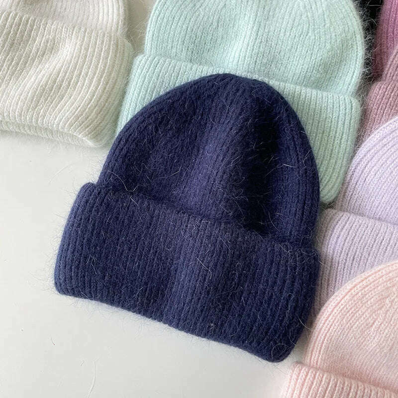 Angola Beanie Hat Winter Women's 2022 Rabbit Fur Bonnet Knitted Coarse Cap Thick Soft Ski Cap Lady Skullies Beanies Rib Hats - KIMLUD