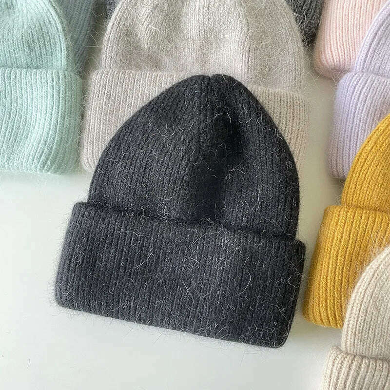 Angola Beanie Hat Winter Women's 2022 Rabbit Fur Bonnet Knitted Coarse Cap Thick Soft Ski Cap Lady Skullies Beanies Rib Hats - KIMLUD