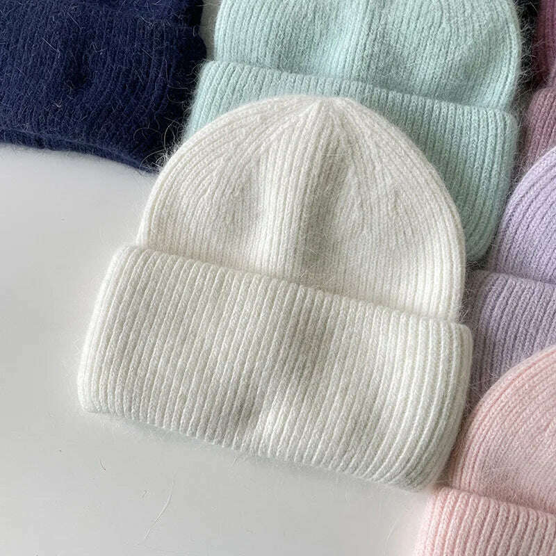 Angola Beanie Hat Winter Women's 2022 Rabbit Fur Bonnet Knitted Coarse Cap Thick Soft Ski Cap Lady Skullies Beanies Rib Hats - KIMLUD
