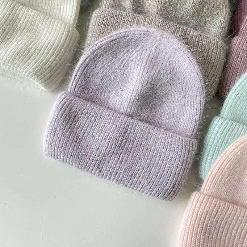Angola Beanie Hat Winter Women's 2022 Rabbit Fur Bonnet Knitted Coarse Cap Thick Soft Ski Cap Lady Skullies Beanies Rib Hats - KIMLUD