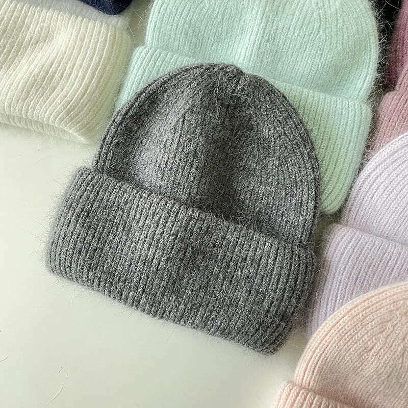 Angola Beanie Hat Winter Women's 2022 Rabbit Fur Bonnet Knitted Coarse Cap Thick Soft Ski Cap Lady Skullies Beanies Rib Hats - KIMLUD