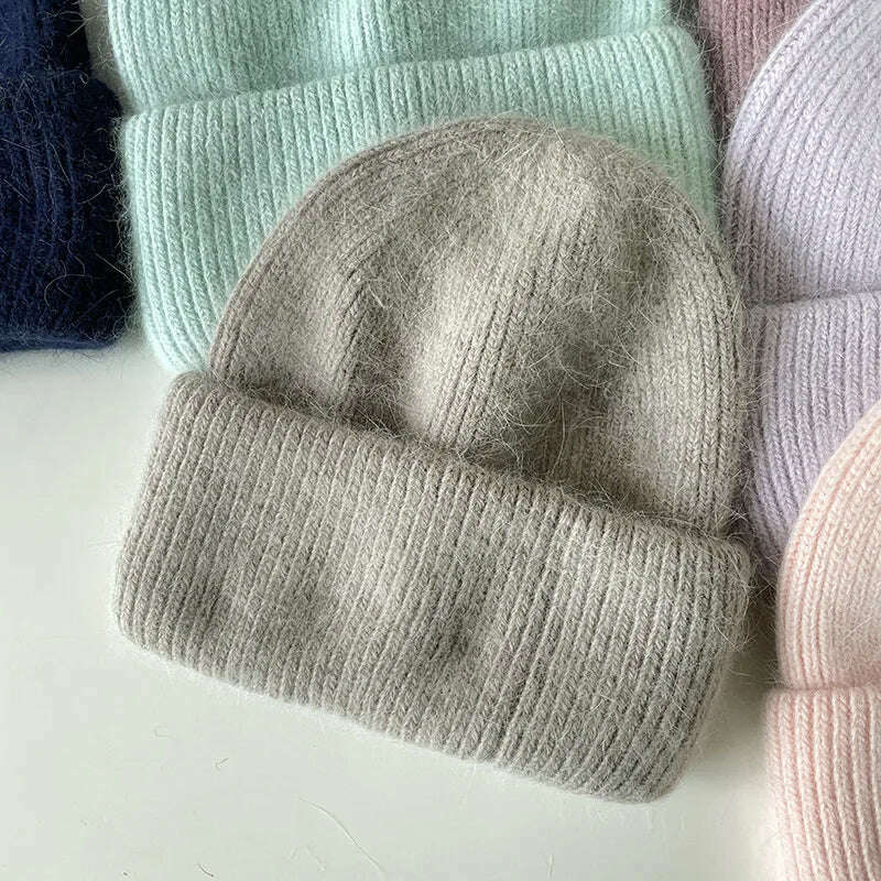 Angola Beanie Hat Winter Women's 2022 Rabbit Fur Bonnet Knitted Coarse Cap Thick Soft Ski Cap Lady Skullies Beanies Rib Hats - KIMLUD