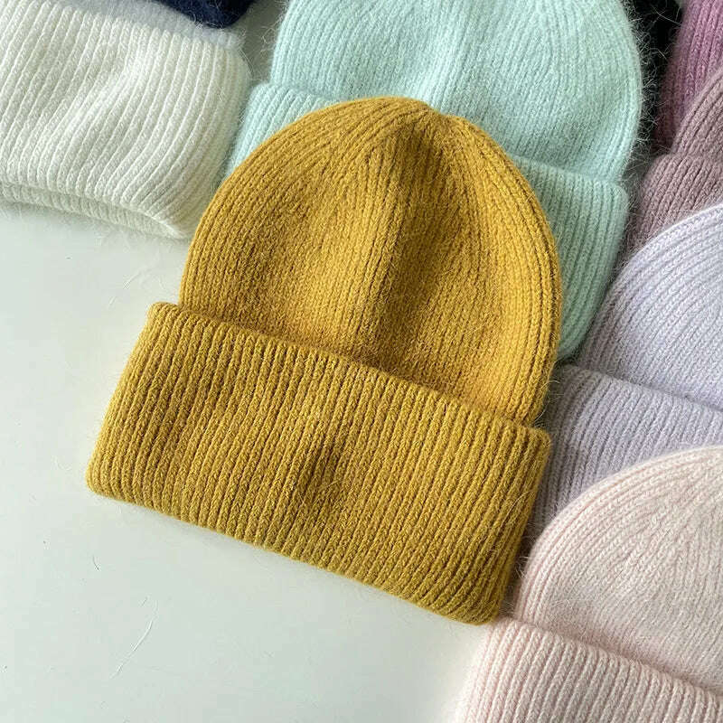 Angola Beanie Hat Winter Women's 2022 Rabbit Fur Bonnet Knitted Coarse Cap Thick Soft Ski Cap Lady Skullies Beanies Rib Hats - KIMLUD