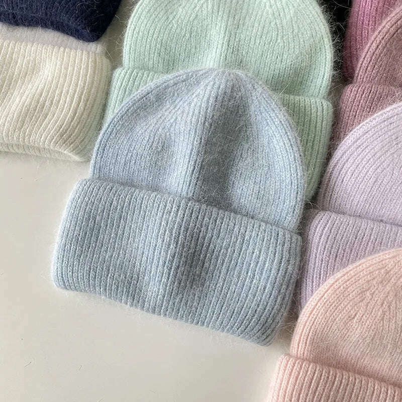 Angola Beanie Hat Winter Women's 2022 Rabbit Fur Bonnet Knitted Coarse Cap Thick Soft Ski Cap Lady Skullies Beanies Rib Hats - KIMLUD