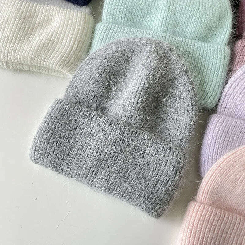 Angola Beanie Hat Winter Women's 2022 Rabbit Fur Bonnet Knitted Coarse Cap Thick Soft Ski Cap Lady Skullies Beanies Rib Hats - KIMLUD