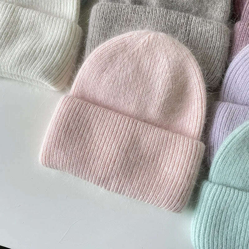 Angola Beanie Hat Winter Women's 2022 Rabbit Fur Bonnet Knitted Coarse Cap Thick Soft Ski Cap Lady Skullies Beanies Rib Hats - KIMLUD