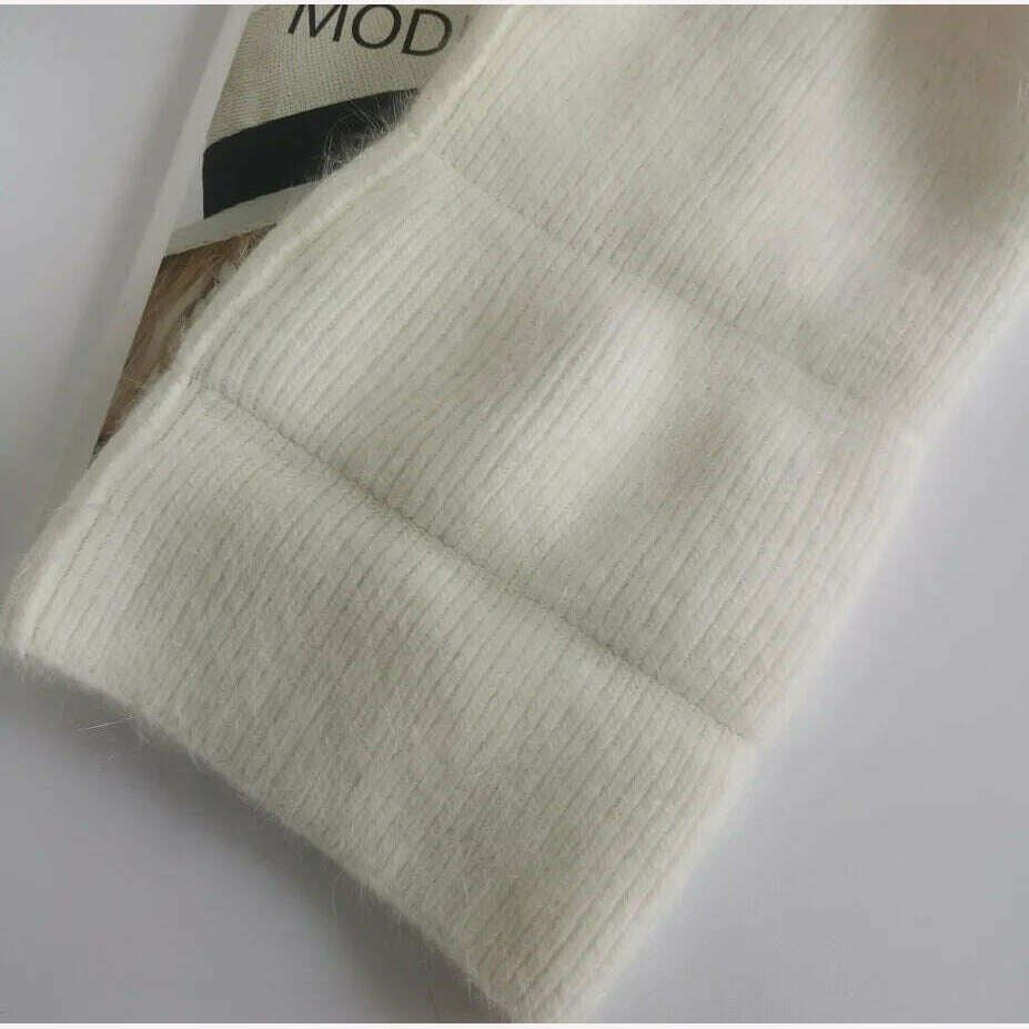 Angola Beanie Hat Winter Women's 2022 Rabbit Fur Bonnet Knitted Coarse Cap Thick Soft Ski Cap Lady Skullies Beanies Rib Hats - KIMLUD