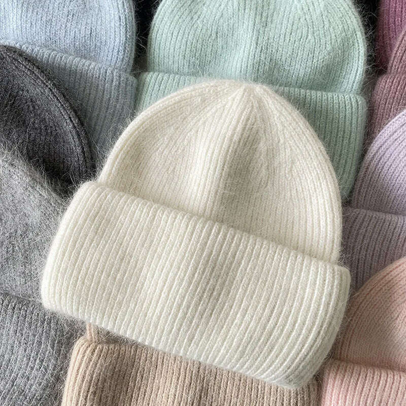 Angola Beanie Hat Winter Women's 2022 Rabbit Fur Bonnet Knitted Coarse Cap Thick Soft Ski Cap Lady Skullies Beanies Rib Hats - KIMLUD