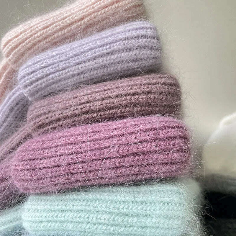 Angola Beanie Hat Winter Women's 2022 Rabbit Fur Bonnet Knitted Coarse Cap Thick Soft Ski Cap Lady Skullies Beanies Rib Hats - KIMLUD