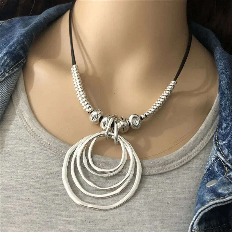 KIMLUD, Anslow Trendy Round With Pendant Neckalce For Women Vintage Boho Genuine Leather Necklace Valentine's Day Gift LOW0022AN, KIMLUD Womens Clothes