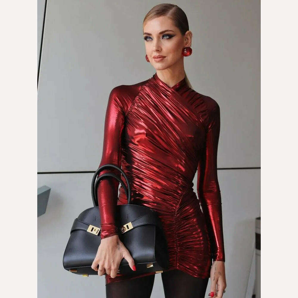 Articat Autumn Leather Long Sleeve Pleated Dress For Women Zipper Tight Irregular Female Dress Party Club Sheath Vestidos 2023 - KIMLUD
