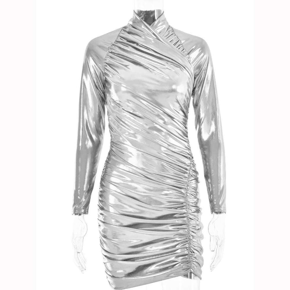 Articat Autumn Leather Long Sleeve Pleated Dress For Women Zipper Tight Irregular Female Dress Party Club Sheath Vestidos 2023 - KIMLUD